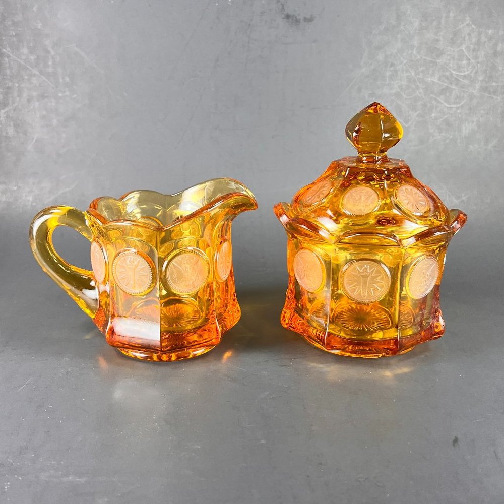 Vintage Fostoria Glass Frosted 1887 Eagle Coin Torch Lid Sugar Creamer Lot of 2